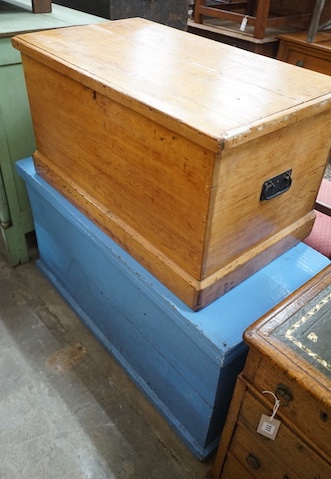 Two Victorian painted and stripped pine trunks, larger length 108cm, depth 48cm, height 54cm